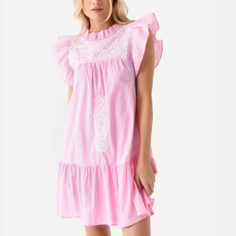 J. MARIE The Pricilla Dress Pink Ruffle Embroidered Mexican Oaxcan Preppy‎ Sz S